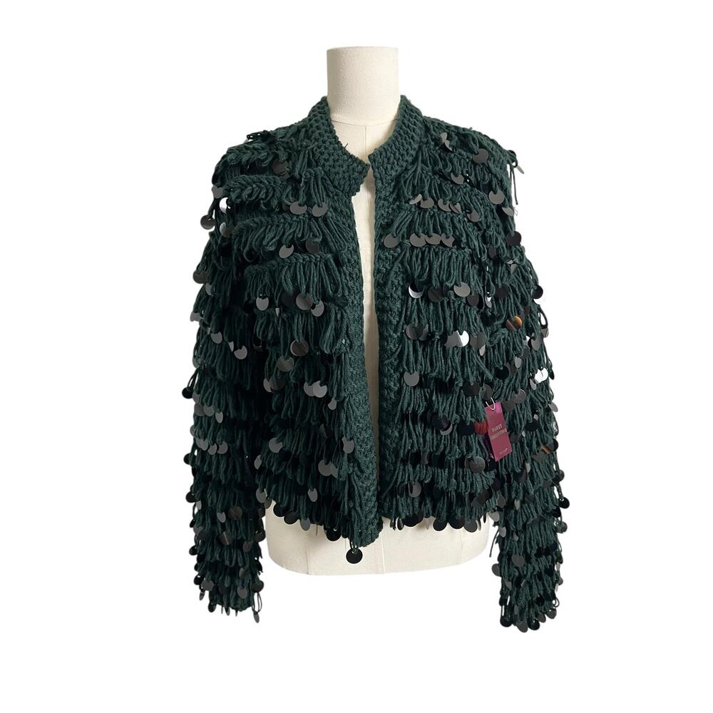 Forever 21 Cardigan Sweater Womens Small Hunter Green Sequin Chunky Knit Open - Picture 4 of 12